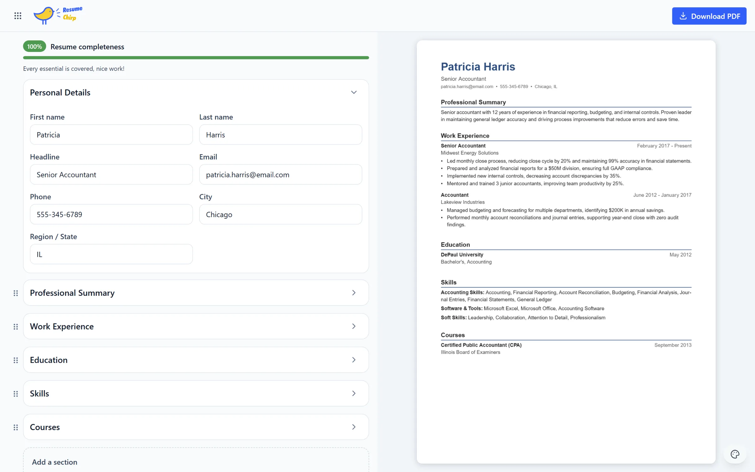 ResumeChirp resume builder preview
